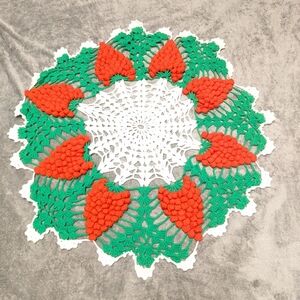 Handmade 3D Textured Strawberry 41" Round Crochet Doily Tablecloth Grannycore